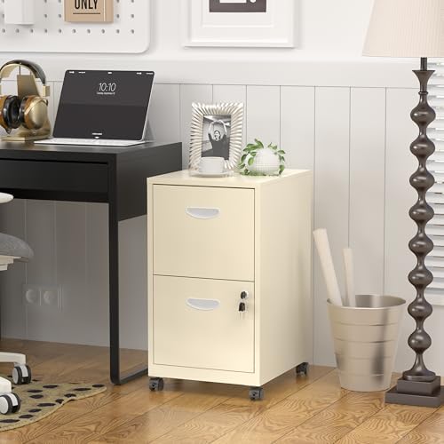 SteeLoong 2 Drawer File Cabinet,Metal Mobile File Cabinet with Lock Cream