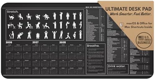 Mac Productivity Desk Mat – Keyboard Shortcuts, Wellness Guide & 3-Year Calendar | XL Office Mouse Pad for Excel, Word & macOS Shortcuts | Ergonomic Workspace Mat