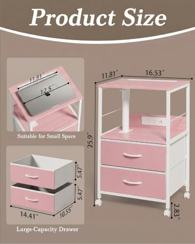Faesun Night Stand with Charging Station & Swivel Top, Pink