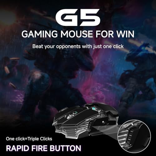 EWEADN G5 Tri-Mode Wireless Gaming Mouse, 12800 DPI Programmable Ergonomic Mouse with Metal Base for Stability, 500mAh Rechargeable, 8 Macro Buttons, Rapid Fire Key, RGB Backlit for FPS PC Mac - Black
