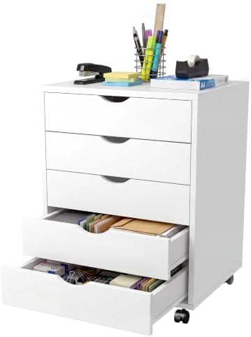 5 Drawer Rolling Storage Cabinet, Mobile File Cabinet for Office, White