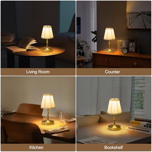 5w Led Cordless Mini Lamps,3000 mah Battery Operated Lamp,3 Color Temperature Dimmable Table Lamp,Gold Rechargeable Table Lamp Fabric,Aesthetic Small kitchen Lamp for Counter,Restaurant,Bar,H9.8"