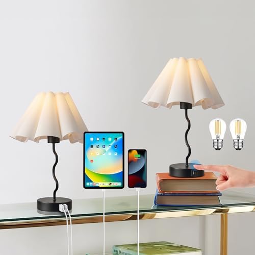 EOEYYOYB Pleated Table Lamp, Set of 2 Table Lamps for Bedroom, Bedside Lamps for Nightstand with Linen Lampshade, Modern Lamp for Bedroom Home Office Decor, Black