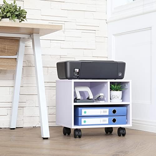 FITUEYES Printer Stand Under Desk, Small Wood Mobile Printer Table, White