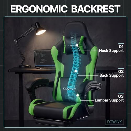 Dowinx Gaming Chair Ergonomic, Massage Lumbar Support, Footrest, Adjustable Height & Headrest Pillow, Heavy Duty 330lbs Office Chair, Comfortable for Back Pain Relief Long Gaming Streaming Deep Green