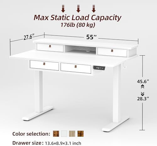 TIQLAB 55 * 28 Inch Standing Desk with Four Drawers, Electric Sit Stand Table, Stand Up Desk Adjustable Height with Storage Shelf, Splice Board, White