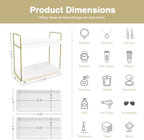 Forbena White and Gold Bathroom Counter Organizer, 2 Tier Makeup Vanity Organizer Countertop, Bathroom Sink Skincare Shelf Tray Organizers and Storage for Perfumes Lotions Kitchen Coffee Bar Decor