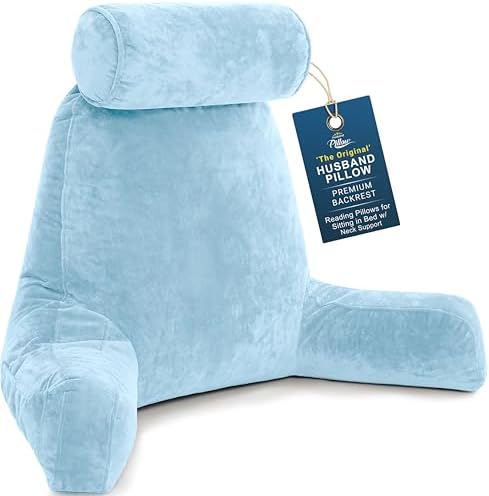 Husband Pillow XXL The Original for Adults - 30" Tall Backrest for Sitting Up in Bed - Firm Support Reading & Bed Rest Pillows for Adults, Neck Roll, Removable Cover - TV - Sky Blue
