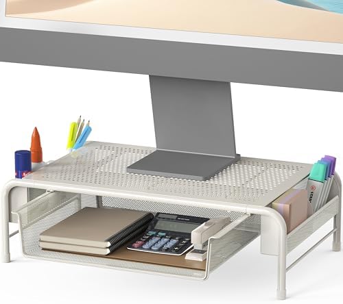 Simple Houseware Metal Desk Monitor Stand Riser w/ Organizer Drawer, White