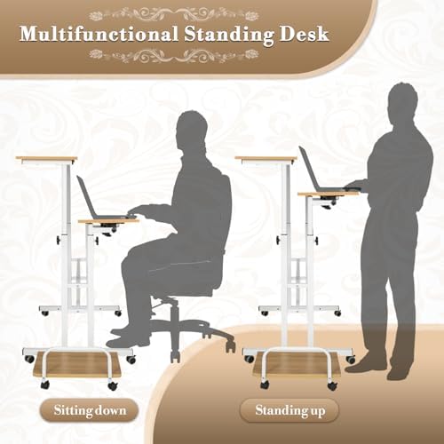 Athena Collection Rolling Standing Desk with CPU Holder, Natural