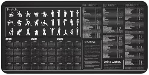 Mac Productivity Desk Mat – Keyboard Shortcuts, Wellness Guide & 3-Year Calendar | XL Office Mouse Pad for Excel, Word & macOS Shortcuts | Ergonomic Workspace Mat