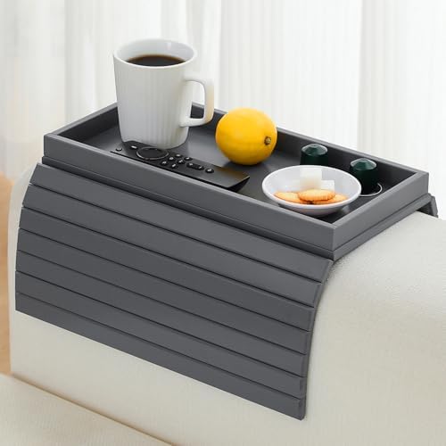 Bamboo Couch Arm Tray Table，Foldable Sofa Armrest Tray Table for Couch，Flexible and Anti-Slip Couch Arm Cup Holder，Portable Sofa Arm Chair Table for Drink,Cups, Eats，Snacks, Phone, Remote (Gray)