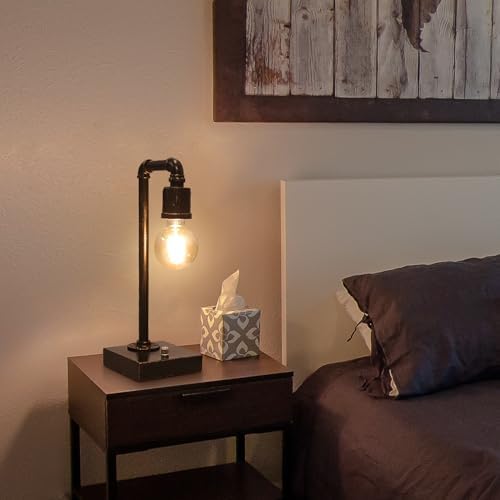 Industrial Table Lamp, Vintage Bedside Lamp with USB C and USB A Charging Ports, Dimmable Steampunk Office Lamp Metal Pipe Edison Reading Lamps for Bedroom, Dorm, Farmhouse Decor 6W LED Bulb Included