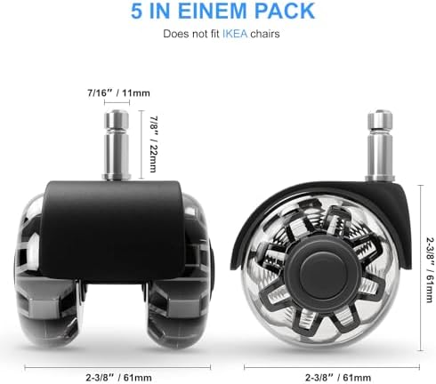 Office Chair Wheels, 2 Inch Rubber Rollers, Heavy Duty, Safe for Hardwood Floors, Carpets, Mats, Universal Size 11x22mm, Smooth and Quiet, Set of 5 (Black & Clear-Dual/2inch)
