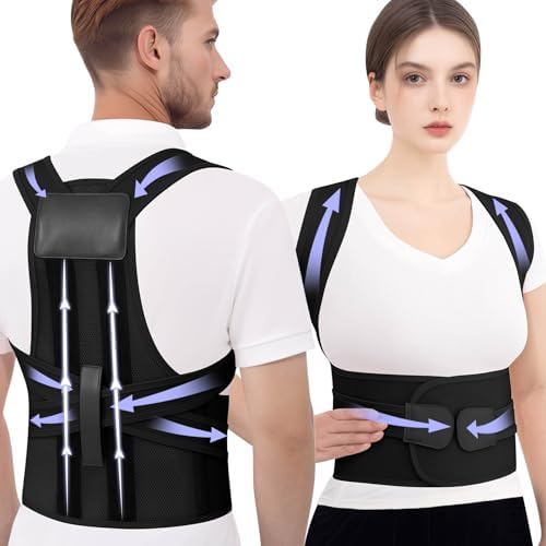 Posture Corrector for Women and Men, Full Back Brace for Posture Support, Adjustable Upper Back Brace with Waist Belt, Shoulder Straightener for Hunchback, Back Support for Work, Home, Office Black, Medium