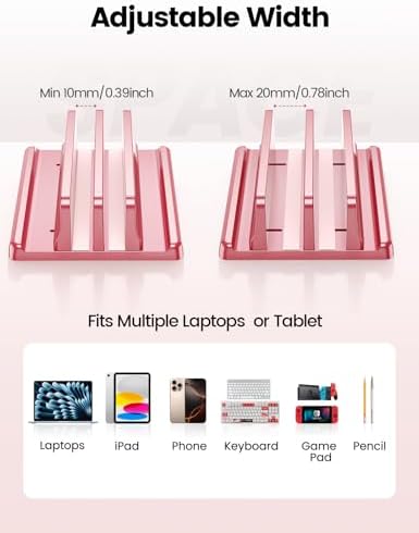 Vaydeer Vertical Laptop Stand for Desk, Dual Slots Plastic Laptop Holder with Space Saving 4-in-1 Design, Adjustable Laptop Stand Supports MacBook, Chromebook, Surface, Dell (Pink Rose)