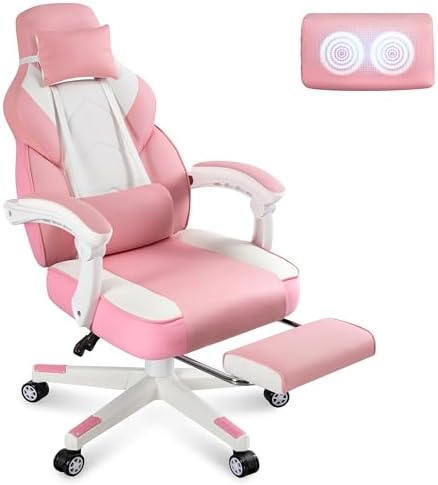 Gaming Chair for Adults, Video Game Chair with Footrest, Big and Tall Gaming Chair Heavy Duty Computer Chair with Massage Lumbar, Ergonomic Adjustable Height and 360° Swivel Seat, PU Leather, Pink