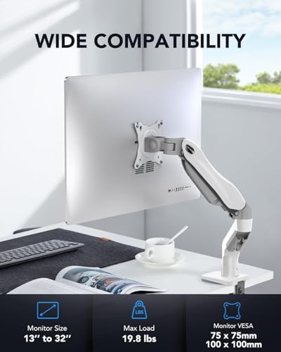 HUANUO Single Monitor Mount, 13 to 32 Inch Gas Spring Monitor Arm, Adjustable Stand, Vesa Mount with Clamp and Grommet Base - Fits 4.4 to 19.8lbs LCD Computer Monitors