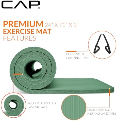 CAP 1" Extra Thick Yoga Mat, Exercise Mat with Strap, Multiple Colors