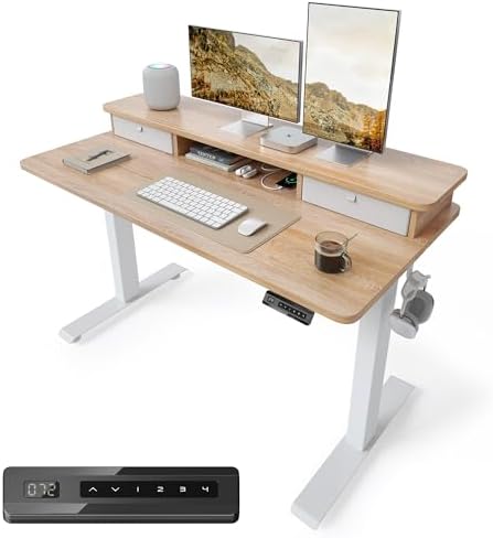BANTI 48x24 Inch Electric Height Adjustable Standing Desk, Home Office Computer Desk with Double Storage Drawers, 4 Adjustable Feet & 2 Hooks, Maple