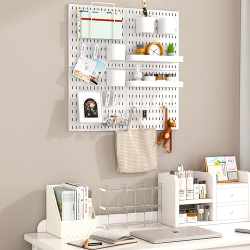 Peg Board Combination Kit, 4 Pegboards with 20 Accessories, Pegboard Wall Organizer for Office, Nursery & Home Storage, Key Holder, 25.6"x25.6" – Nail-Free Installation（White）