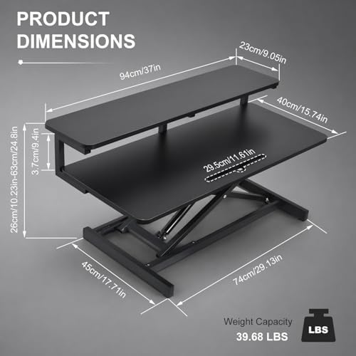 37 Inch Standing Desk Converter, 10.23-24.8 inches Adjustable Height Standing Desk Riser, Sit to Stand Up Duals Monitor Riser Workstation, for Home Office Laptop - Black