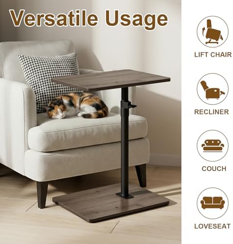 YUHFERA Sofa Armrest Tray Table for Couch - 360 Swivel Height Adjustable C Shaped End Table for Small Spaces, Snack Side Table for Bed or Chair with Phone & Tablet Slot (Gray, Enlarged)