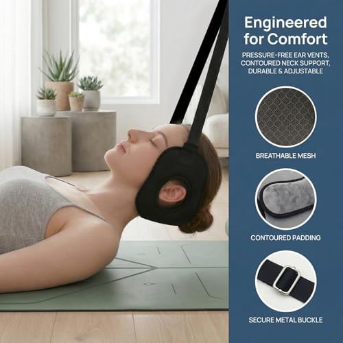 Adjustable Neck Traction Stretcher Strap for Cervical Relief, Portable Neck Decompression Device with Ear Holes & Release Buckle, Durable Cervical Traction Device for Home & Outdoor Use (Black)