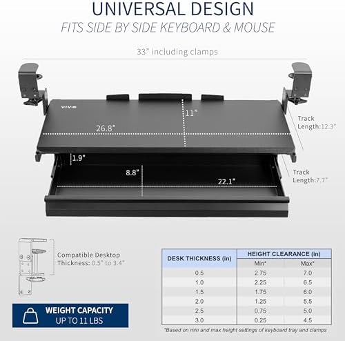 VIVO Black Clamp-on 27x11 in Keyboard Tray, Storage Drawer, MOUNT-KB05HB-DR