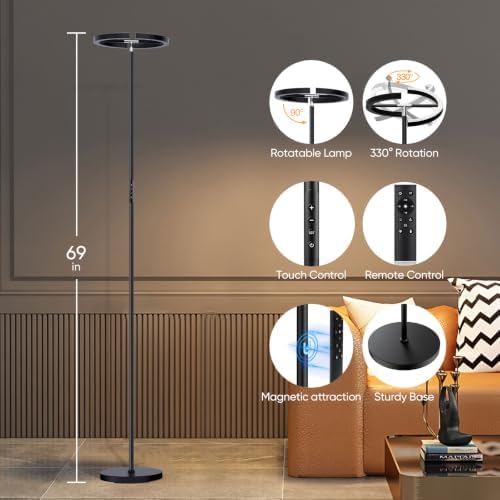 SIBRILLE LED Floor Lamp - Rotatable Standing Lamp with Touch & Remote Control, 3000-6000K, 22W Modern Floor Reading Light, Dimmable Corner Uplighter for Living Room Bedroom Office, Black