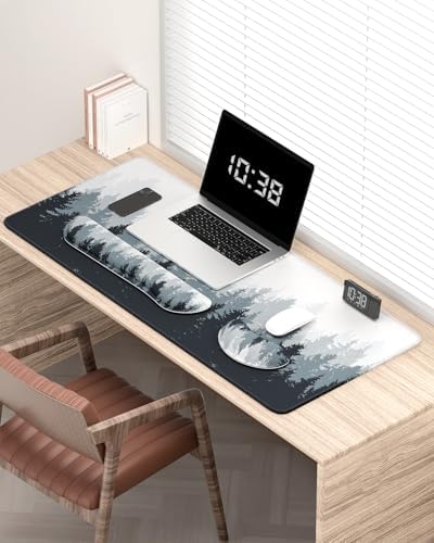 Auhoahsil Large Mouse Pad with Wrist Rests for Keyboard & Mouse, Thick Soft Ergonomic Memory Foam Wrist Supports, Big & Long Desk Mat 35.5 x 15.7 in, for Office Gaming Computer, Misty Forest