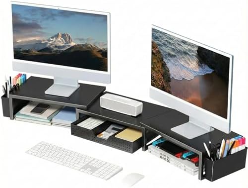 OPNICE Desk Organizers and Accessories, Dual Monitor Stand Riser with Drawer and 2 Pen Holders, Desk Shelf Computer Racks & Printer Stand for Office Workspace Organizers, Desktop Organization (Black)