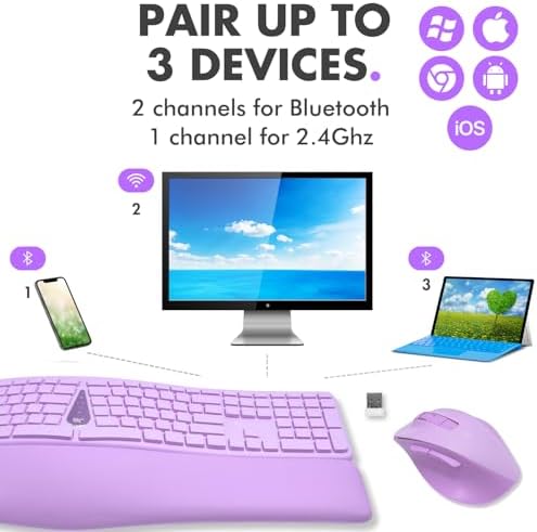 X9 Ergonomic Keyboard and Mouse Wireless Combo - Purple Keyboard and Mouse Wireless, Bluetooth/2.4G Split, Wrist Rest, Rechargeable, Silent Ergo Keys - PC, Mac, iOS, Android