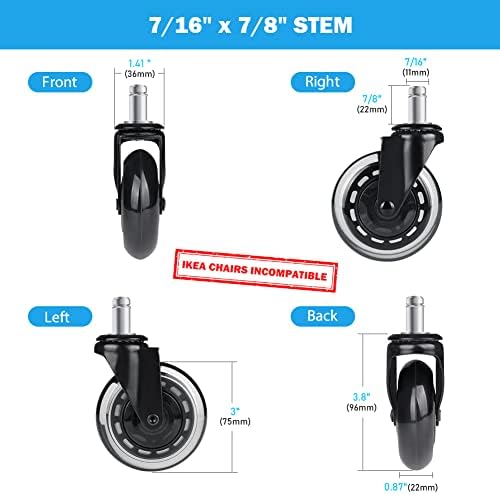 Hirate 3" Office Chair Caster Wheel 5 Pack Universal Fit 7/16" x 7/8"