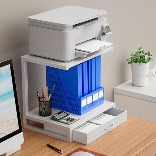 YAOHUOO 2-Tier Desktop Printer Stand with Fabric Drawer,17.3"x11.8" White
