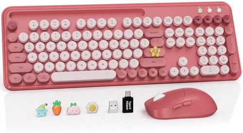 Wireless Keyboard and Mouse Combo, Retro Round Keycaps, Full-Size Stylish Typewriter Keyboard with Large Phone/Tablet Holder, 3-Level DPI Ergonomic Mouse, 2.4GHz Cordless for Windows PC, Rose Pink