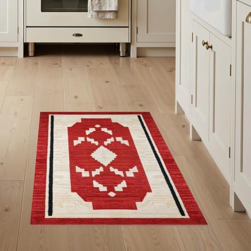 3'x5' Red Ivory Cat Crimson Boho Geometric Washable Throw Rug
