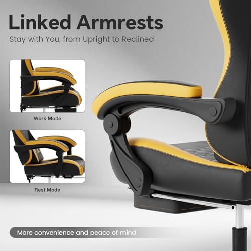 Gaming Chair, Computer Office Chair with Footrest, Adjustable Height & Backrest Gaming Chairs with Swivel for Adults, High Back PU Leather Ergonomic Chair with Lumbar Support, Blackyellow