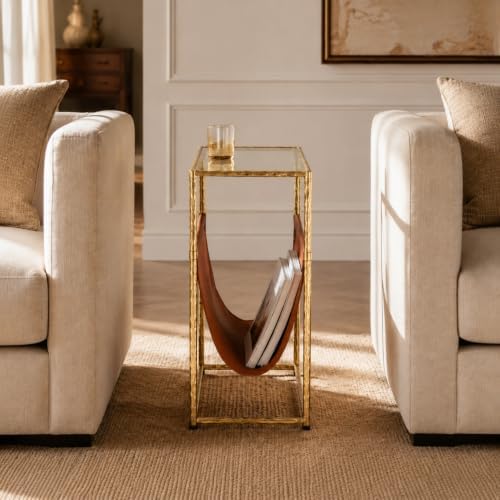 Narrow Side Table with Leather Storage Holder Gold End Table
