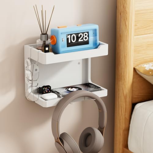 NiHome Bedside Wall Shelf Organizer, Wood 2-Tier Floating Nightstand, White
