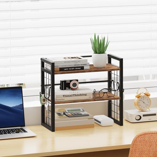 ELITEROO Desktop Shelf Organizer, 2 Tier Wood Desk Bookshelf, Rustic Brown