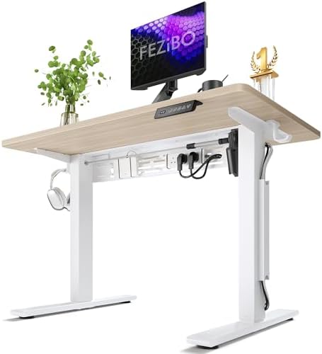 FEZIBO Electric Standing Desk with L-Shaped Crossbar & Cable Management System, 40 x 24 Inches Sit Stand up Desk, Adjustable Height Standing Desk for Home Office, Light Walnut