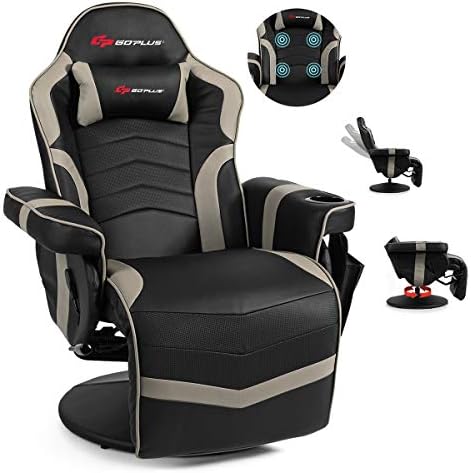 POWERSTONE Gaming Recliner, PU Massage Gaming Chair with Footrest, Cup Holder, Headrest and Side Pouch, Adjustable Single Sofa Living Room Chair(Gray)