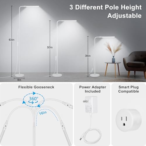 White Floor Lamp, 18W/2000LM Bright LED Floor Lamp for Living Room, Adjustable Gooseneck Dimmable Standing Office Task Lamp for Reading, Study, Eye Caring Lash Light for Sewing Tatoo Facial Spa