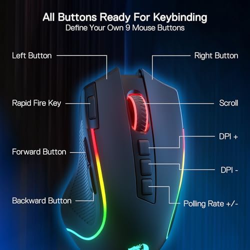 Redragon M612 Wireless RGB Optical Gaming Mouse 8000 DPI Remapping Keys