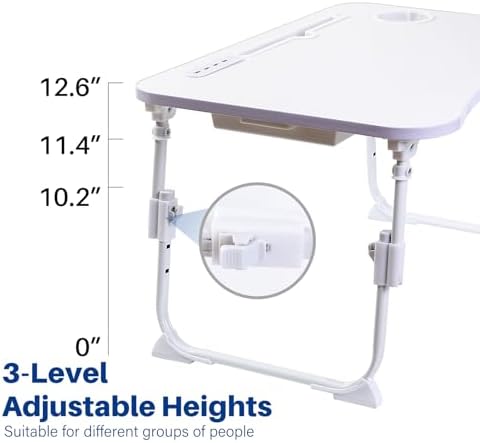 Laptop Desk for Bed, Height Adjustable Laptop Bed Table, Foldable Portable Lap Desk Stand with USB/Storage Drawer/Cup Holder/Slot, Breakfast Tray for Working Reading Writing Eating, White