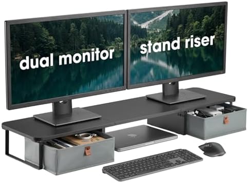 DuoStand Plus - 39” Dual Monitor Riser for Desk with 2 Drawers - Wood & Steel Double Monitor Stand with Storage - Desk Organizer Shelf for Desktop Computer, Laptop, TV & Printer (Matte Black)