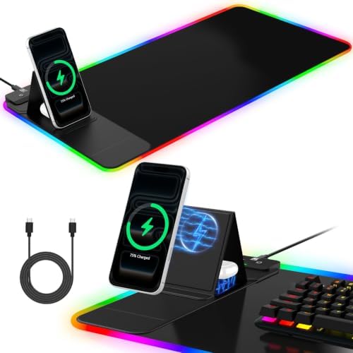 RGB Mouse Pad with Foldable Phone Stand & Wireless Charger, 31.5"x11.8" XL Gaming Mousepad Large Desk Mat, Desk Pad with Dual Charging for Phone & AirPods | 11 Colors & 5 Modes | Waterproof