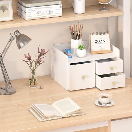 Bamboo Desk Organizer - Stackable, No Assembly Required, Ideal for Office/Home Use - Perfect for Toiletries, Stationery, Accessories. (White, Square drawer to the left of the fence)