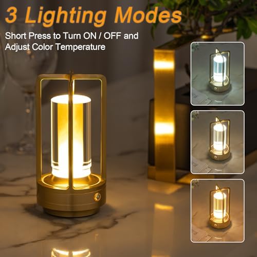 Cordless Table Lamp Rechargeable Small Crystal Lamp, Gold